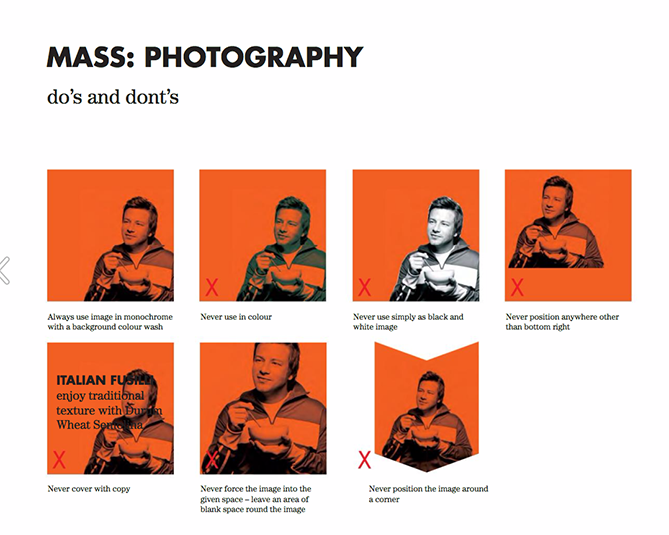 Brand style guide for Jamie Oliver with red tiled images showing photography restrictions